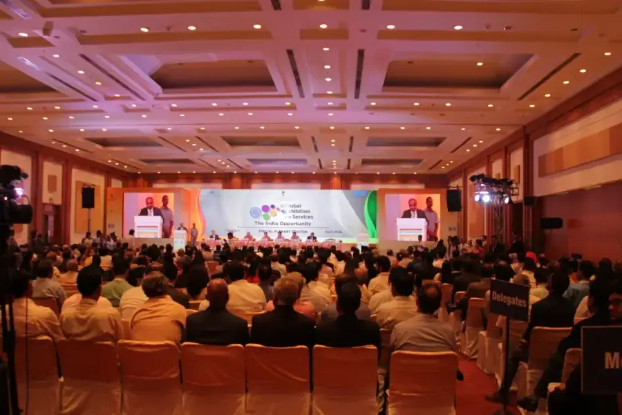 Corporate conference seated theatre-style in Suganya's air-conditioned event venue, Pondicherry