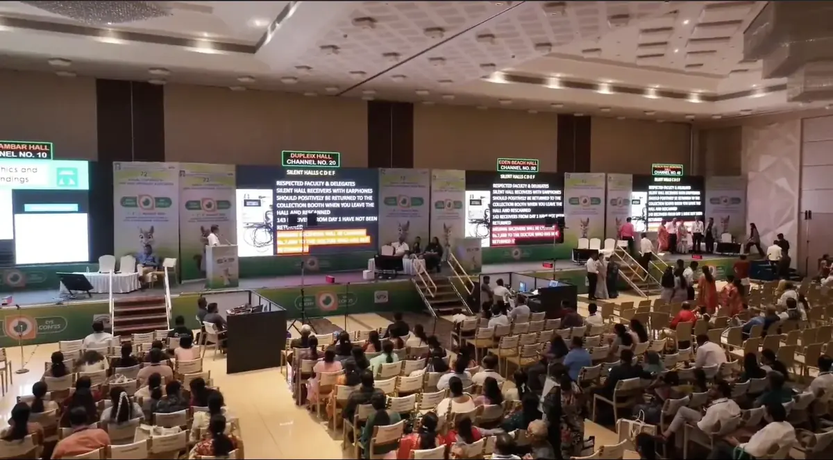 Stage and audio setup in the main hall, with acoustics suited to speeches and music