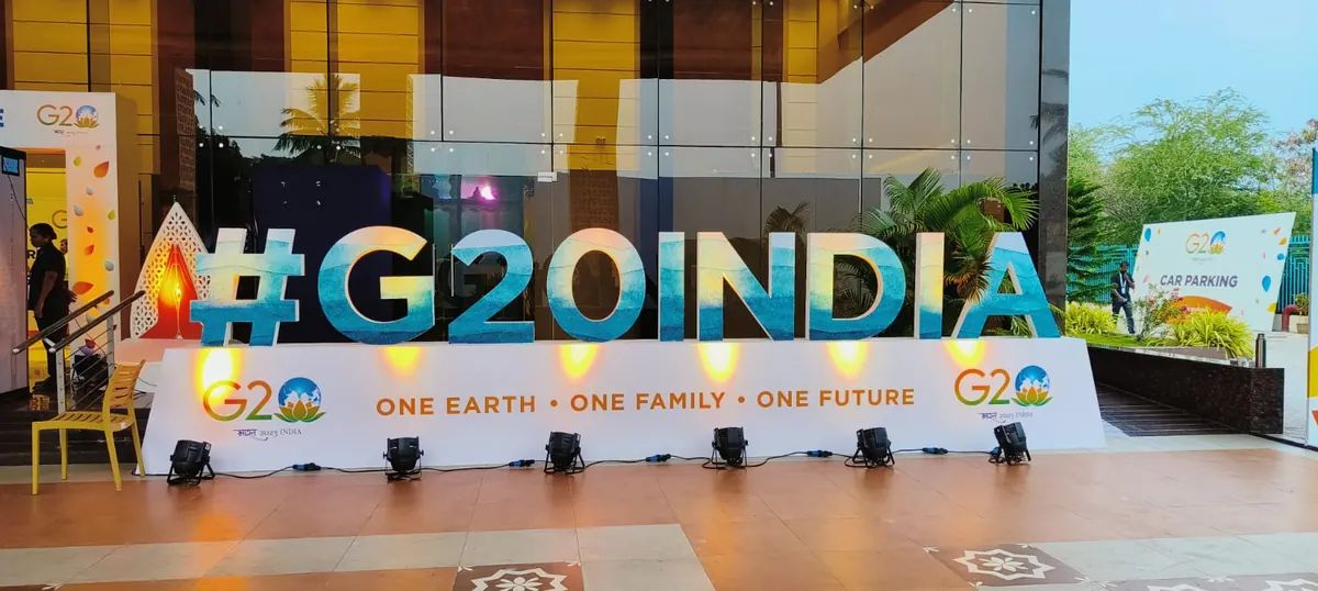 G20 India installation at the entrance of Suganya Convention Centre, Puducherry