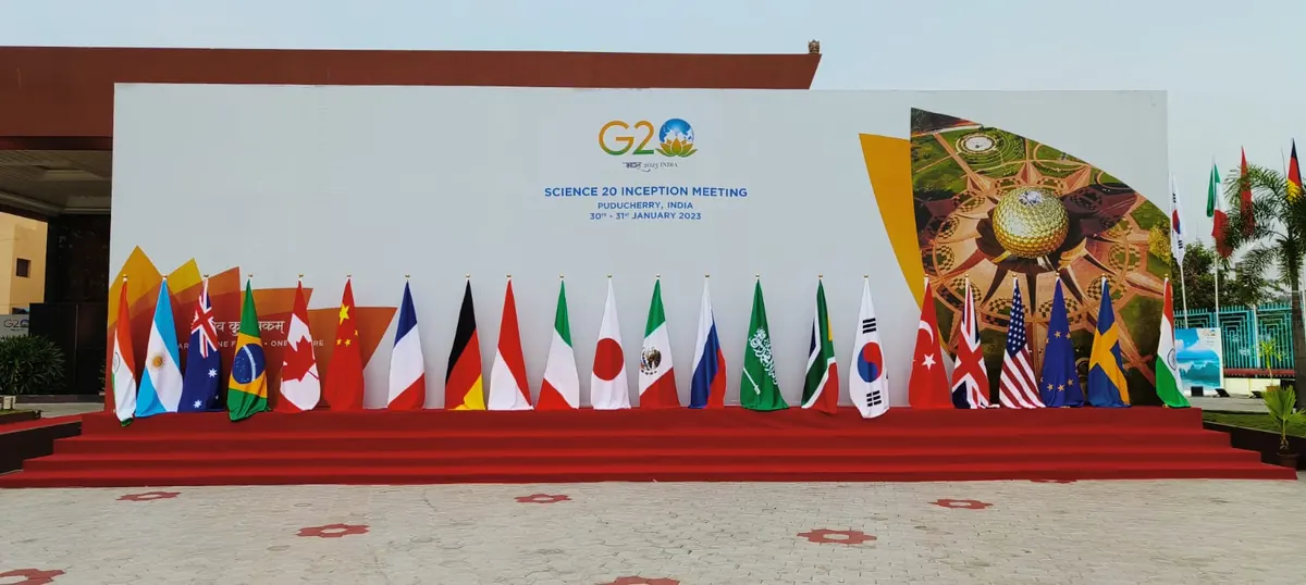 G20 member nation flags at the Science20 Inception Meeting hosted at Suganya Convention Centre, Puducherry