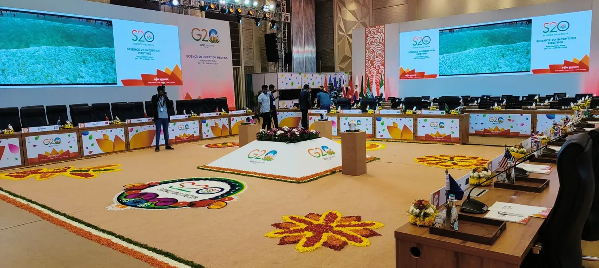 G20 delegate round-table conference setup in the main hall, Suganya Convention Centre, Puducherry