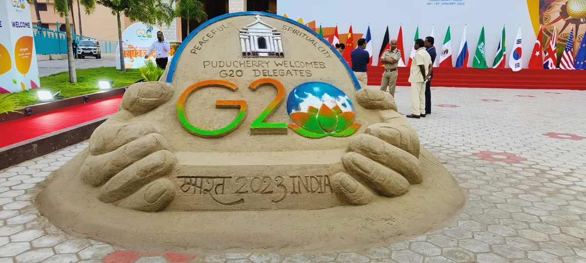 Sand art welcoming G20 delegates to Puducherry at Suganya Convention Centre