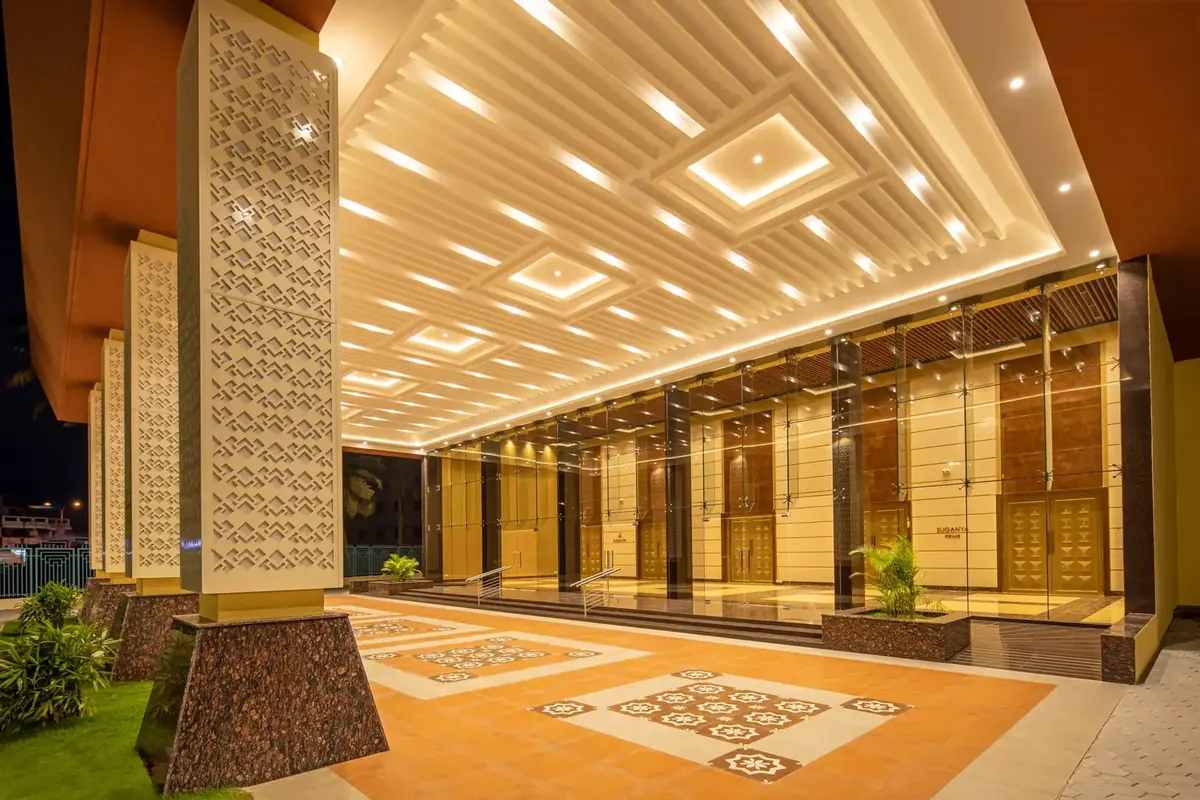 Lit portico and pre-function lobby at Suganya Convention Centre, Pondicherry